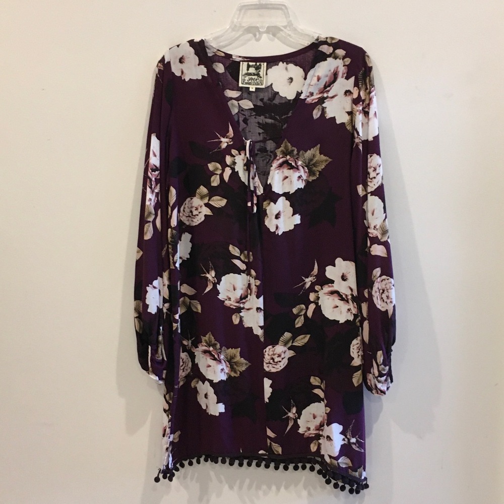 Jaase Purple Floral Tunic Dress with Pom-Pom details